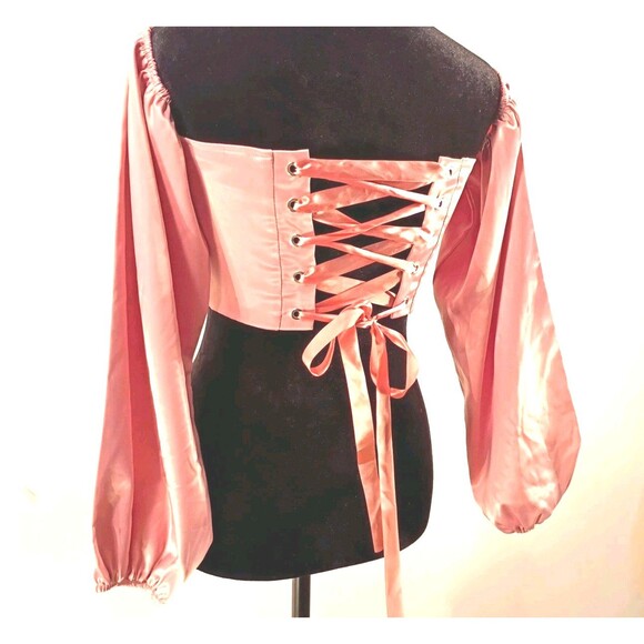 Tops - Pink Satin Bustier Corset Size S Renaissance Lace Up Back Sweetheart Poet Sleeve